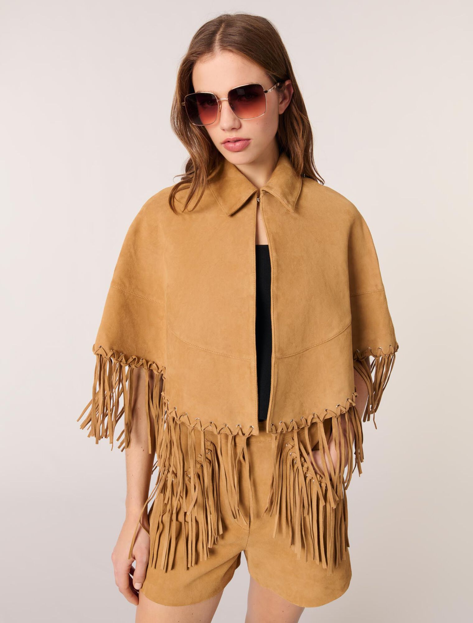 Short leather fringed coat