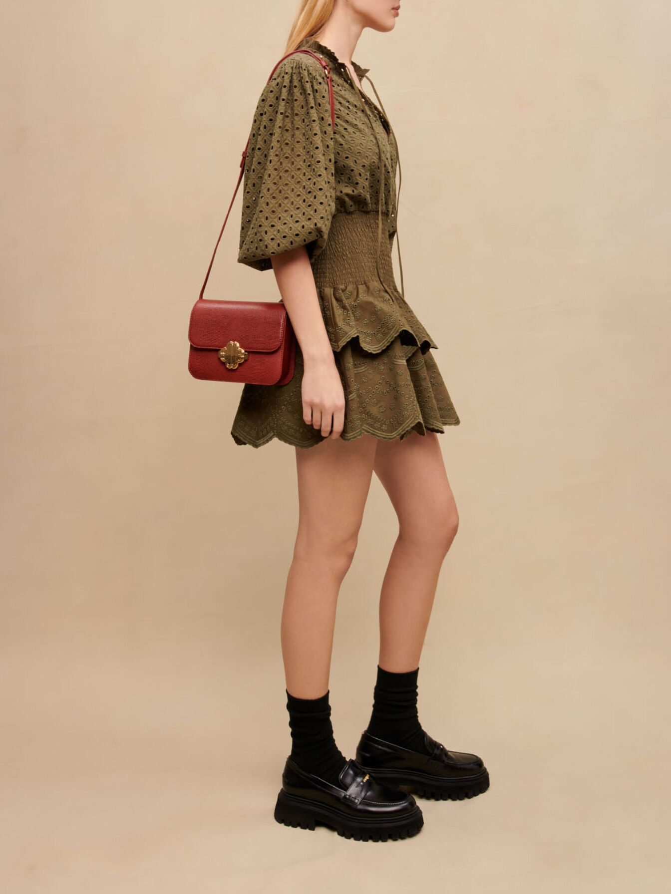 Broderie anglaise mini dress Brown For Women | Maje