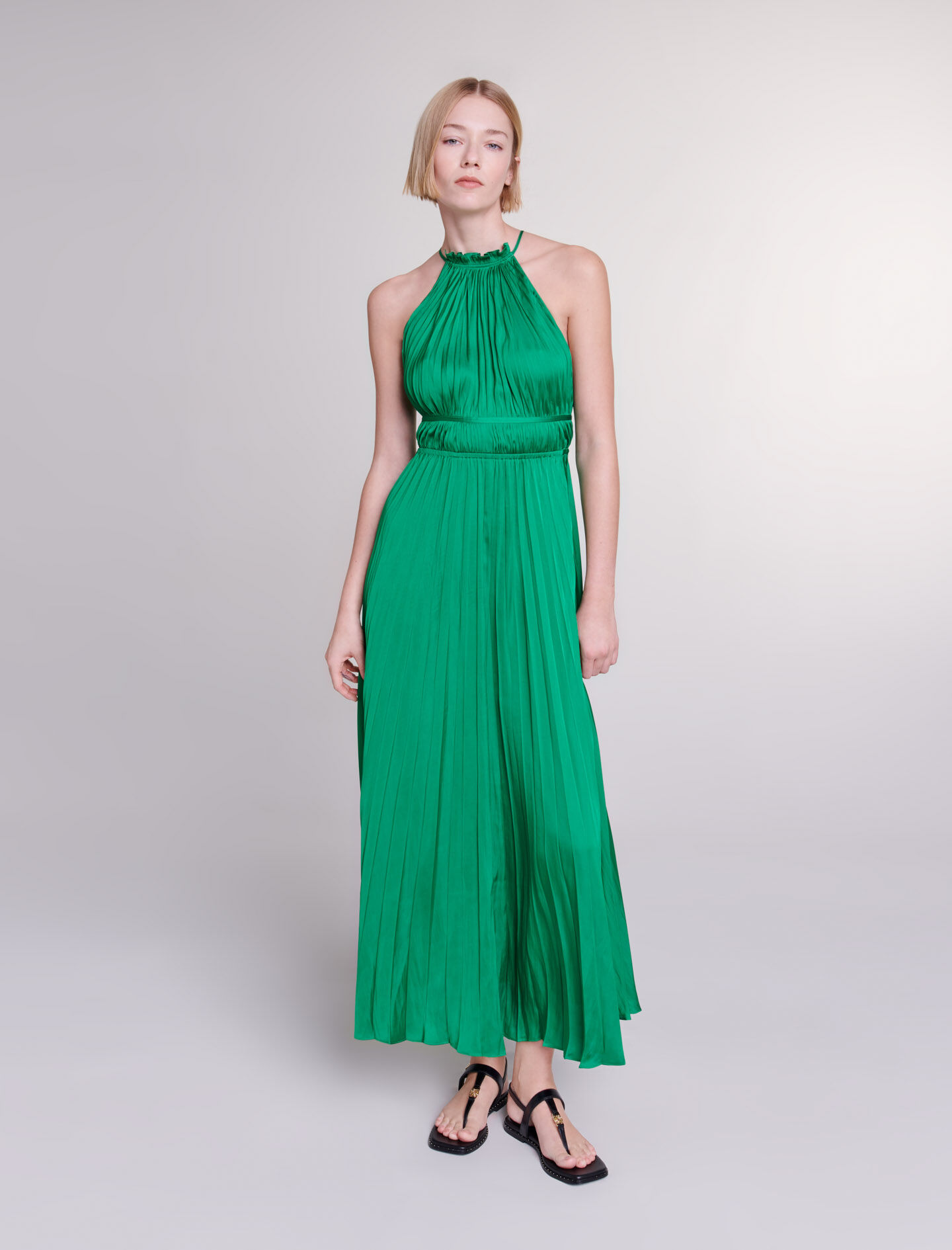 Green pleated maxi dress shop