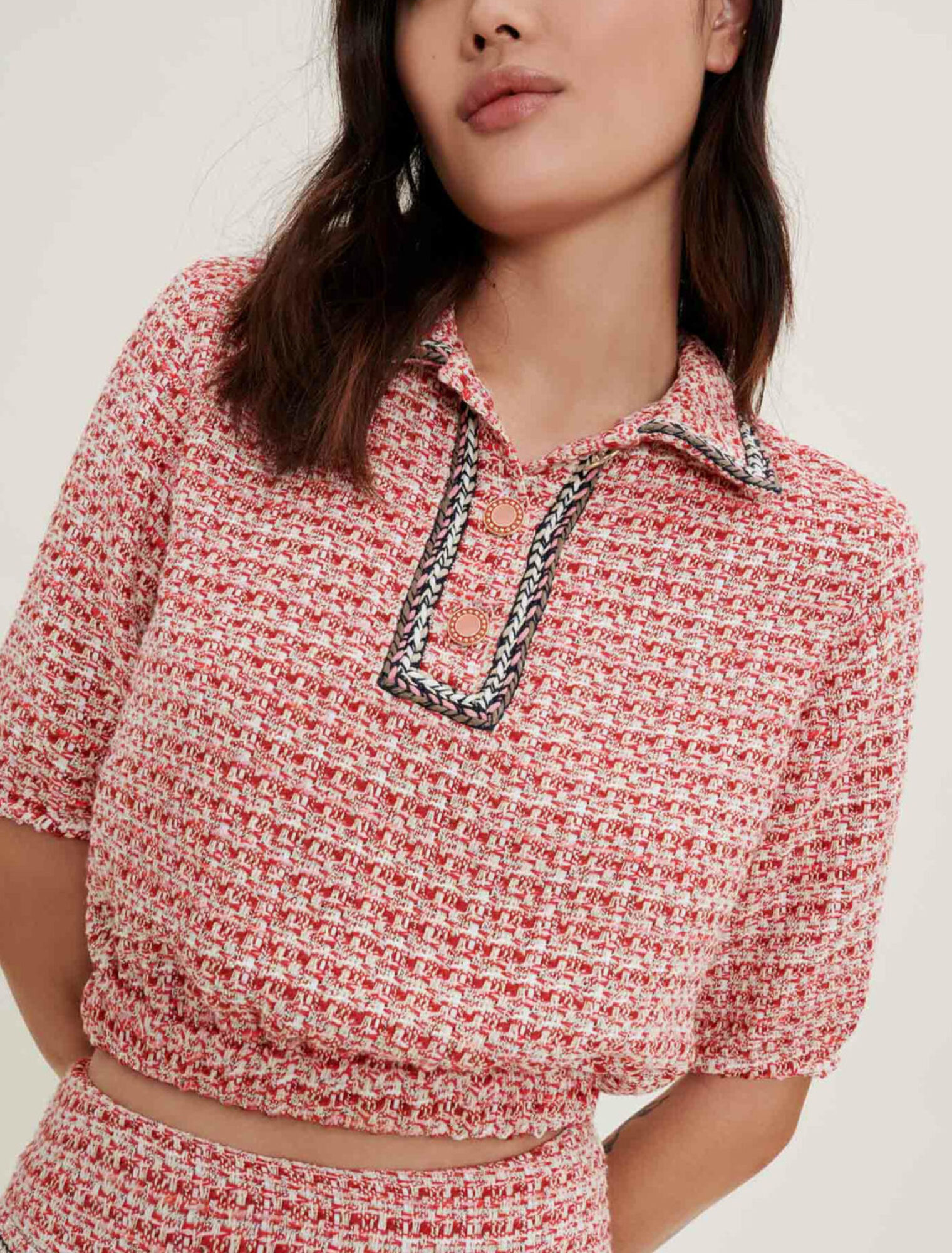 Crop top en tweed à galons ethniques