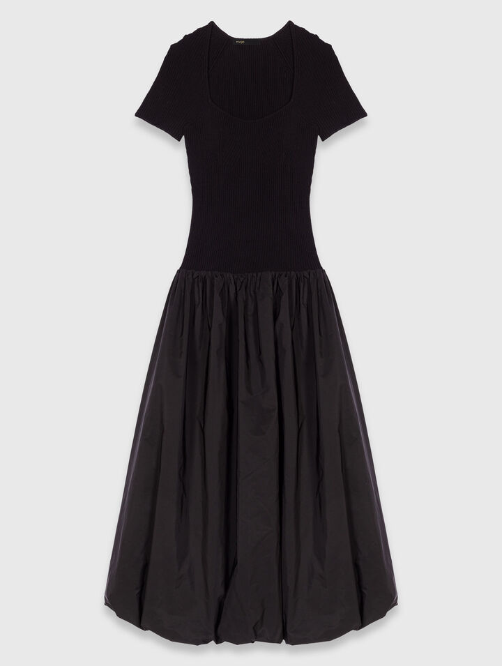 Long ribbed knit and taffeta dress
