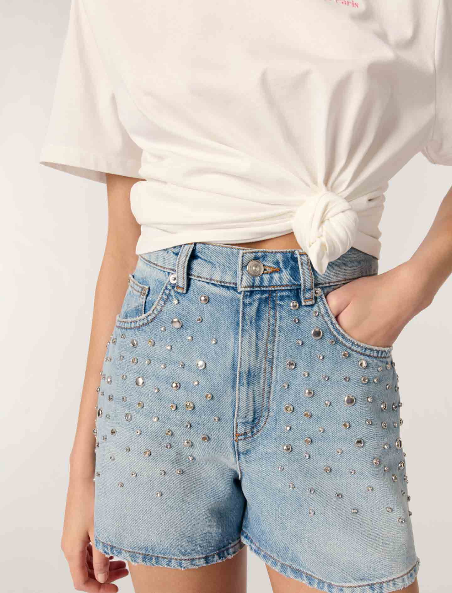 m_hm☆ Studded denim shorts Blue For Women | Maje