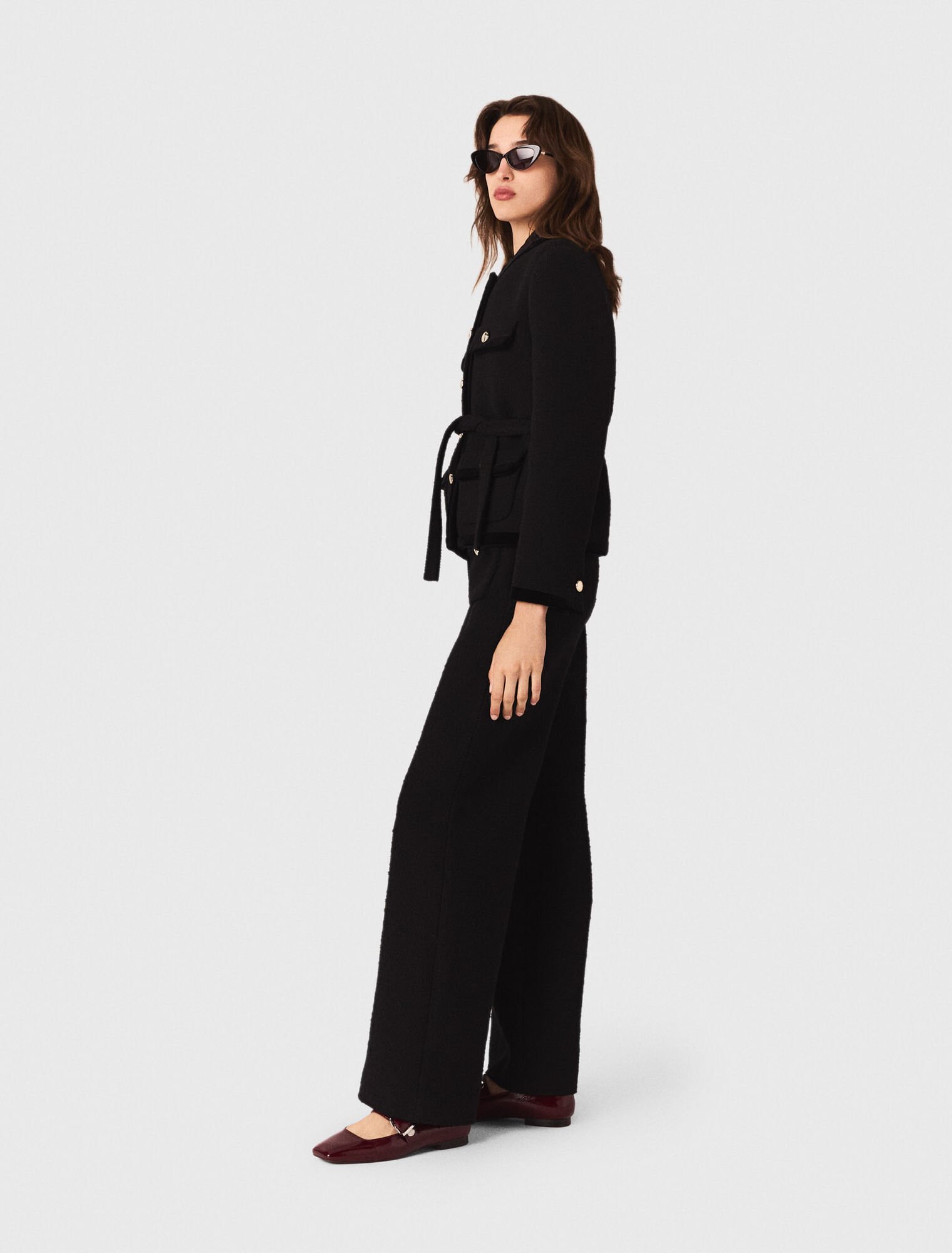 Veste longue en tweed avec ceinture