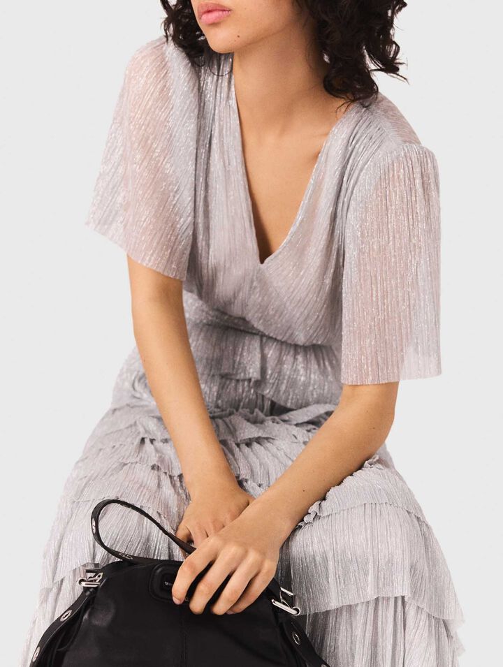 Robe mi-longue à volants métalisée