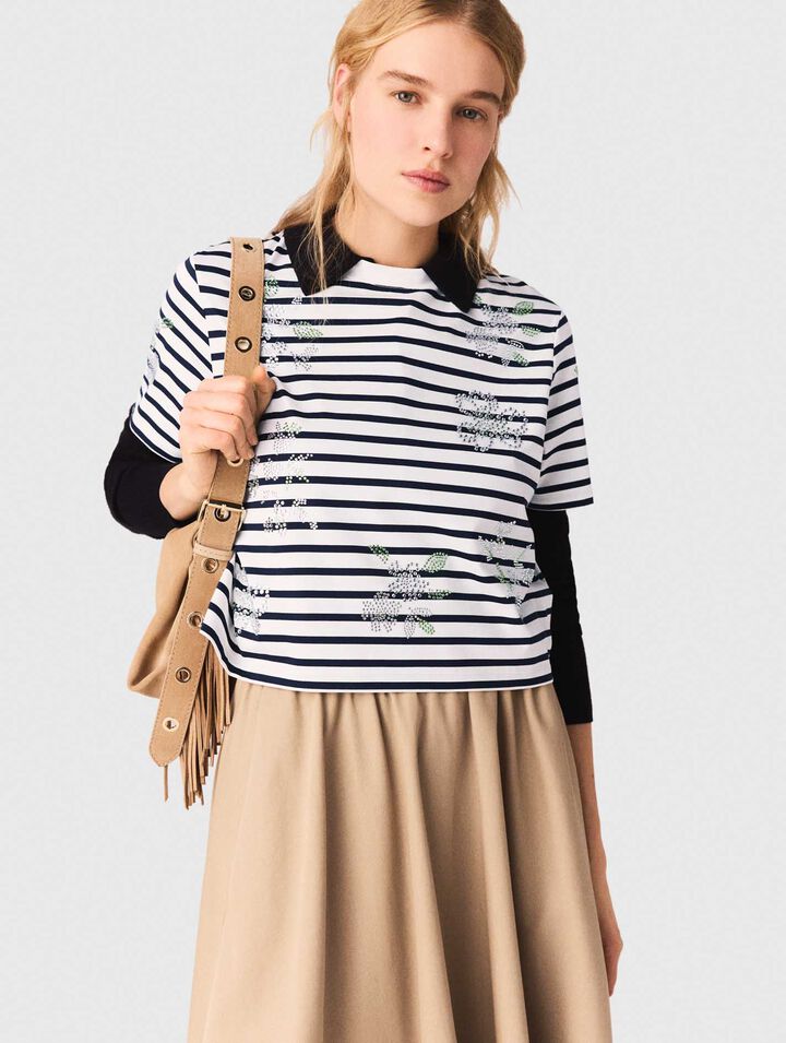 Striped rhinestone flower T-shirt