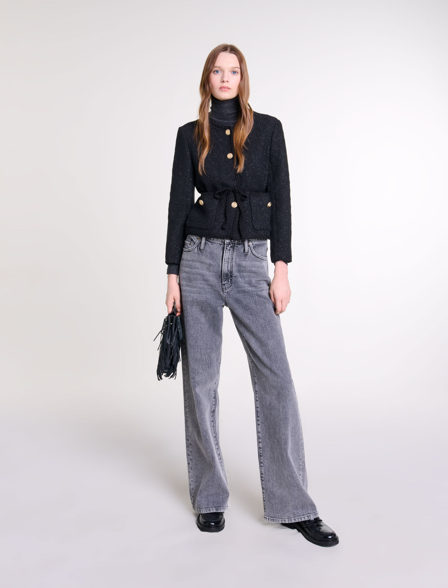 Veste ceinturee en tweed gris noir pour femme Maje