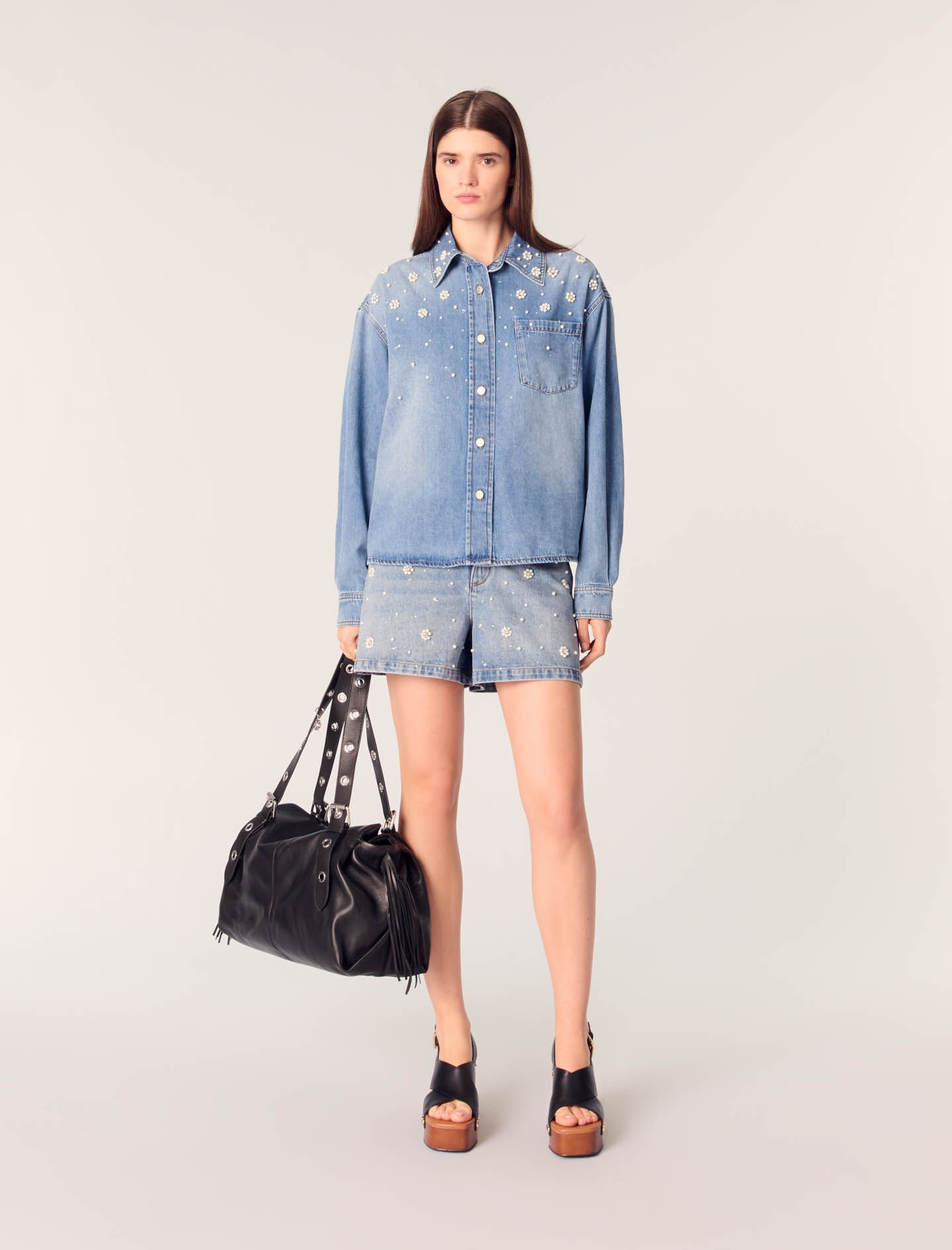 Denim shirt with embroidered beads Blue For Women | Maje
