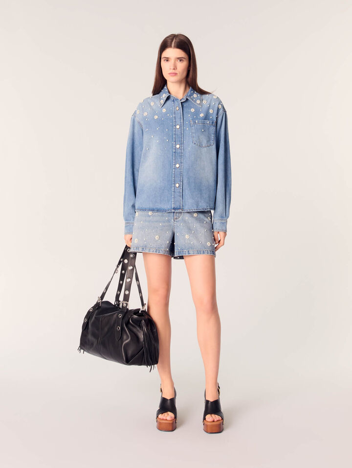 Chemise en denim à perles brodées