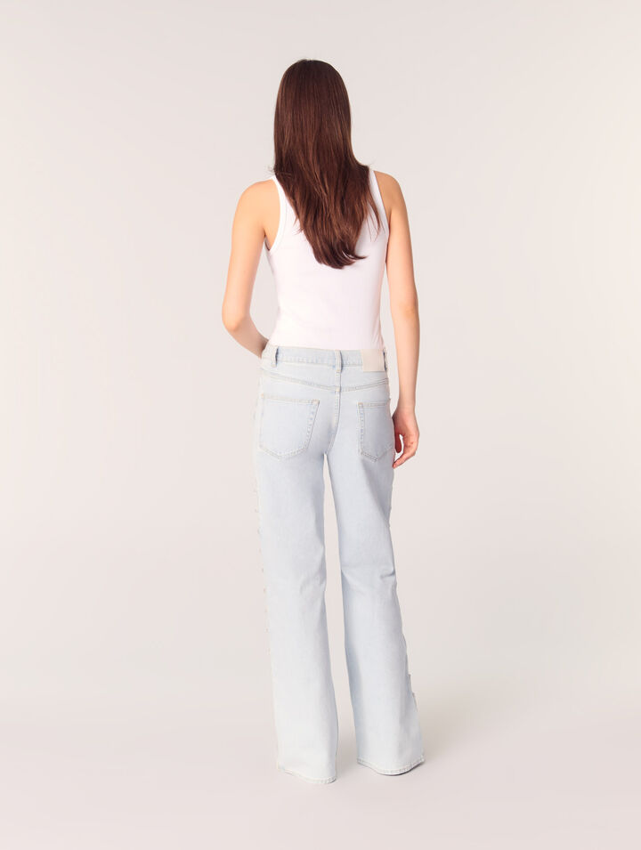 Wide-leg rhinestone cutaway jeans