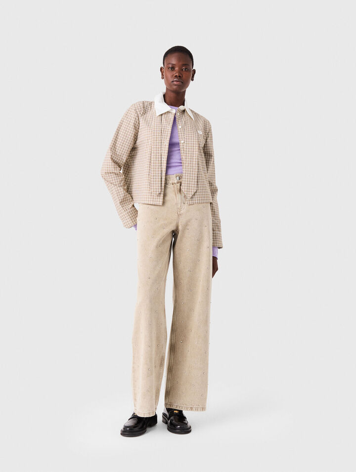 Chemise courte &agrave; carreaux strass&eacute;e