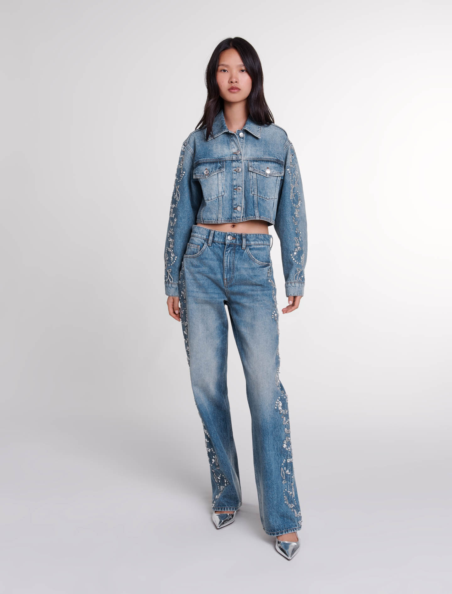 Maje embroidered leather jacket top