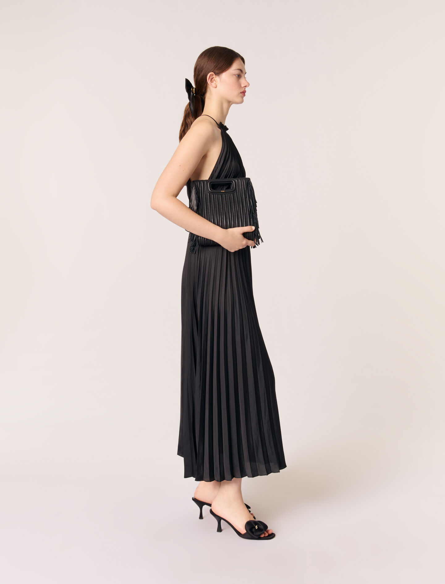 Pleated satin maxi dress Black / Gray For Women | Maje