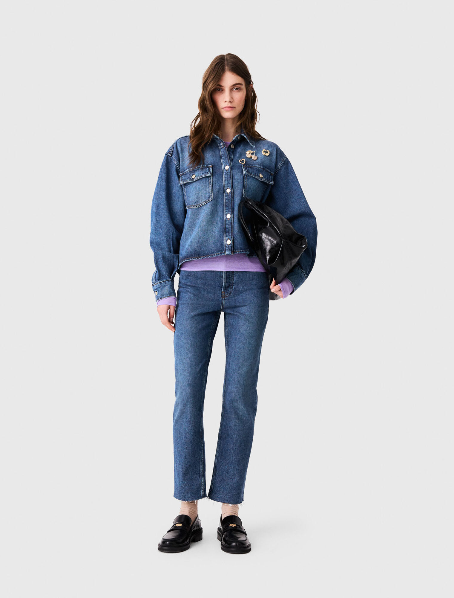 Denim shirt with brooches
