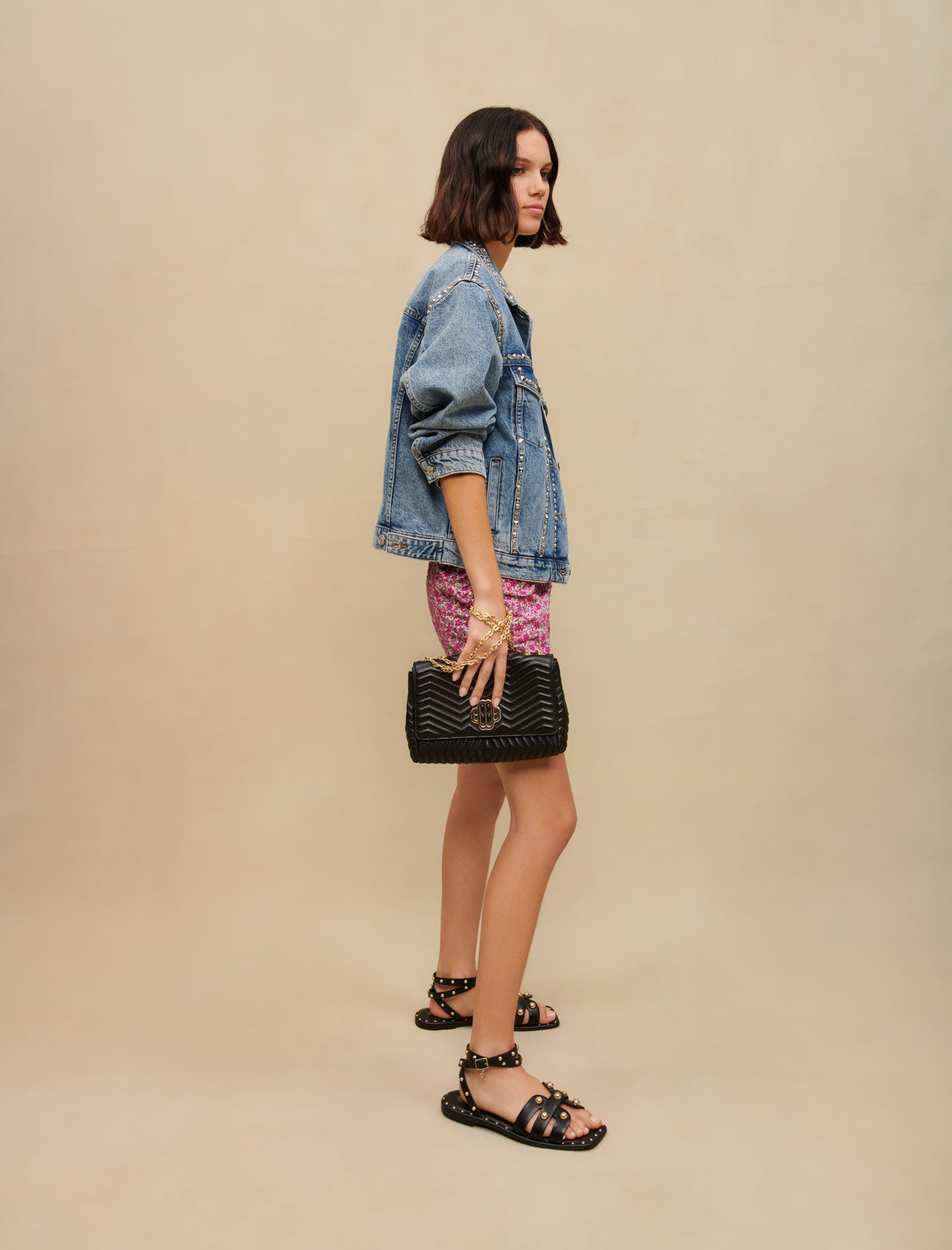 Maje デニムジャケット 36 Denim jacket with rhinestones