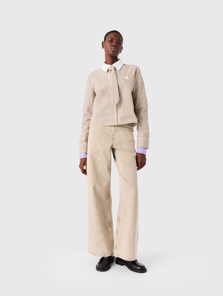 Chemise courte &agrave; carreaux strass&eacute;e