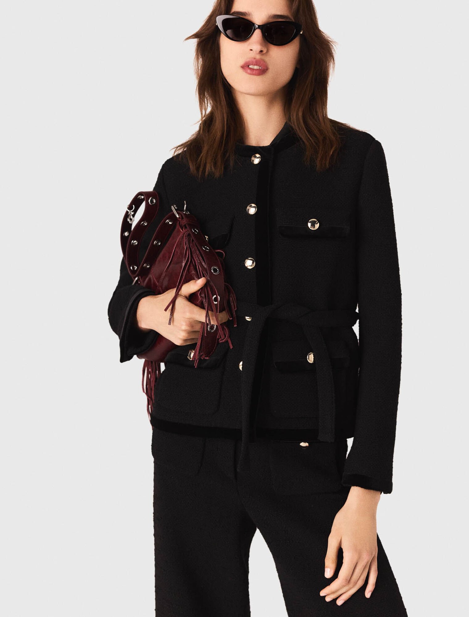 Veste longue en tweed avec ceinture