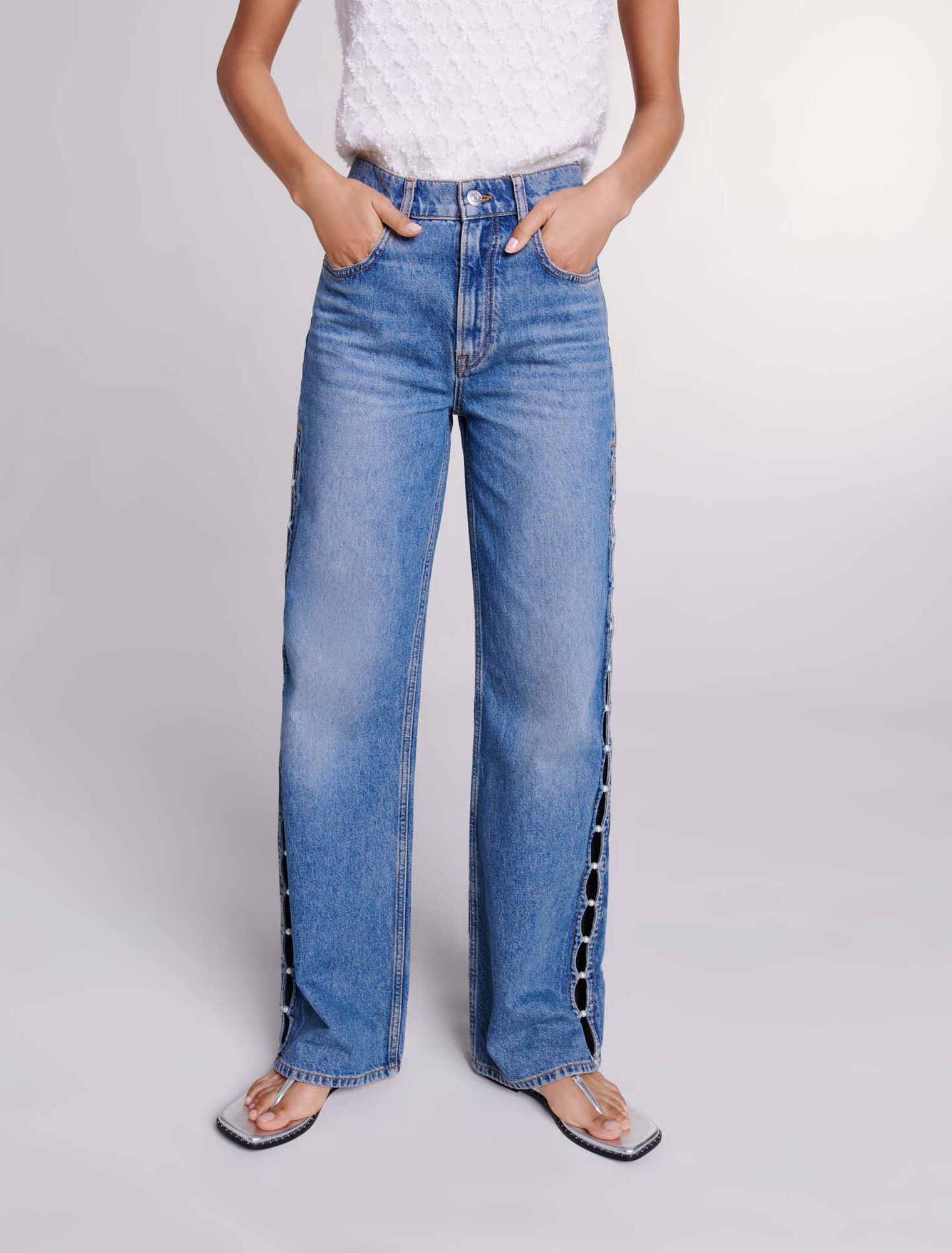 Jeans droit ajouré et perlé