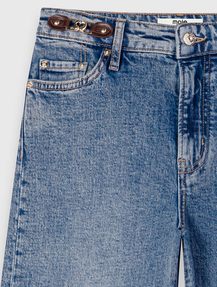Wide-leg leather buckle jeans