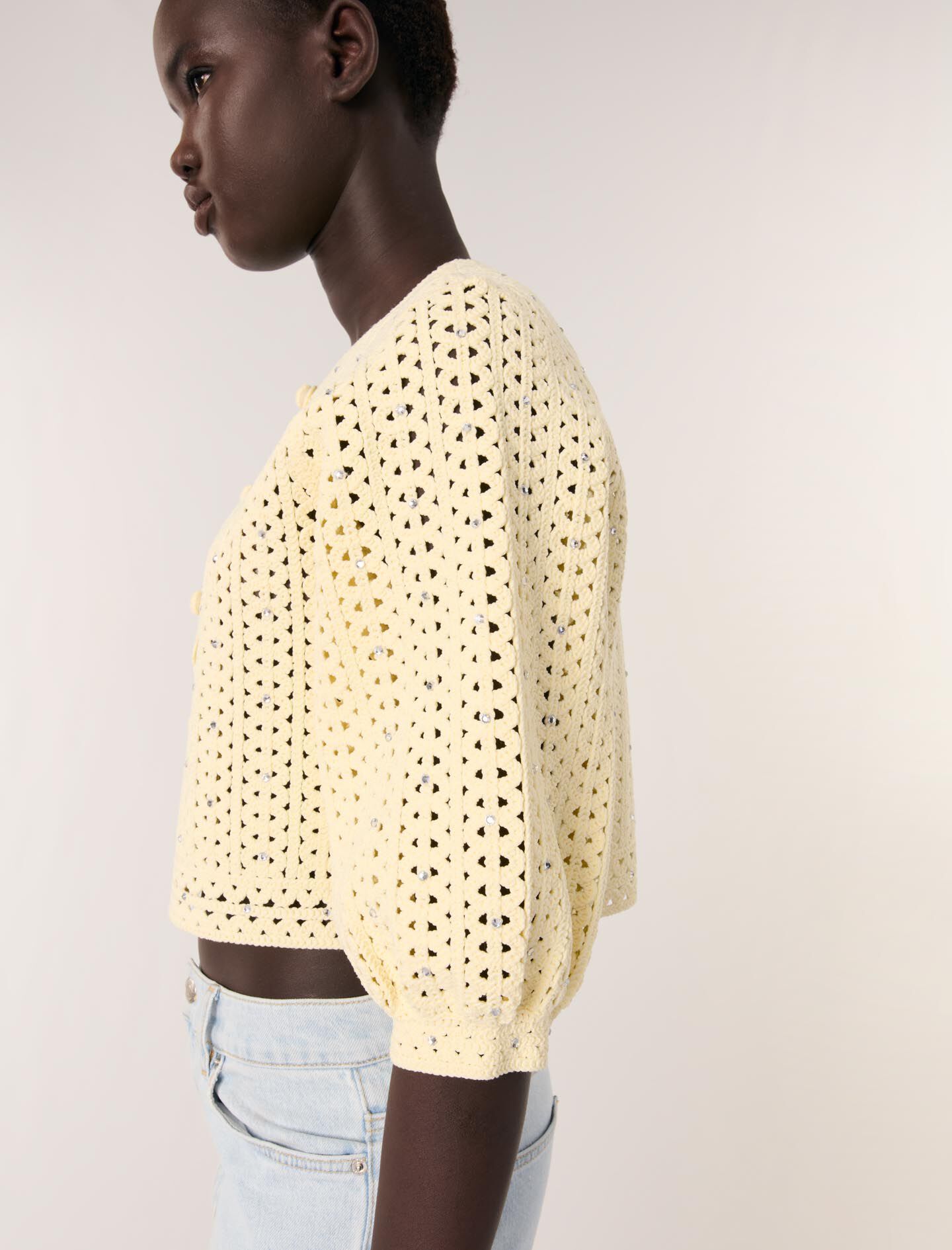 Cropped rhinestone crochet cardigan Yellow / Orange For Women | Maje