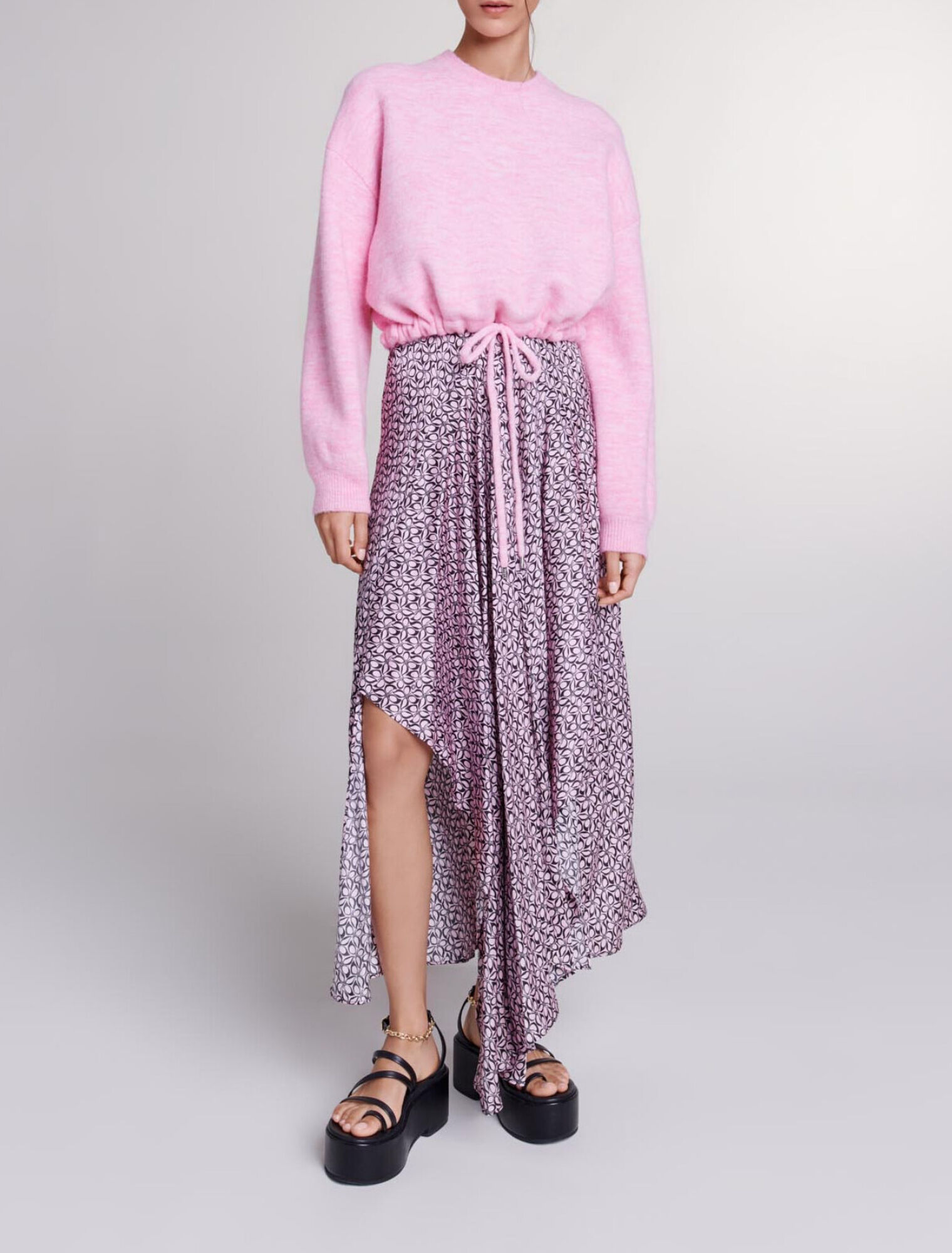 Pull court en maille à cordon rose pour femme Maje