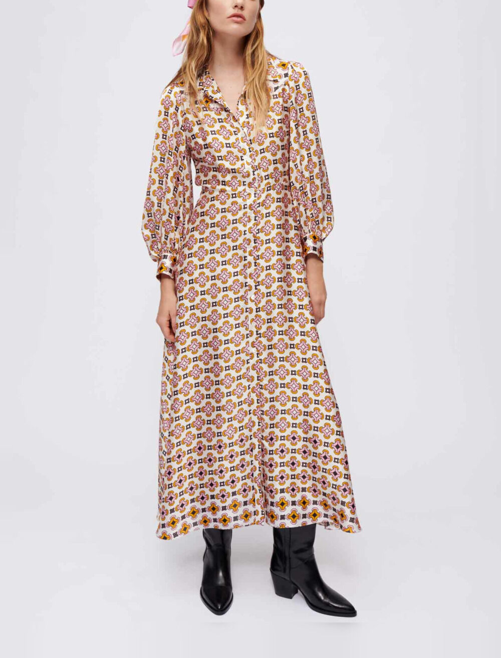 Printed satin shirt dress Tricolor For Women Maje
