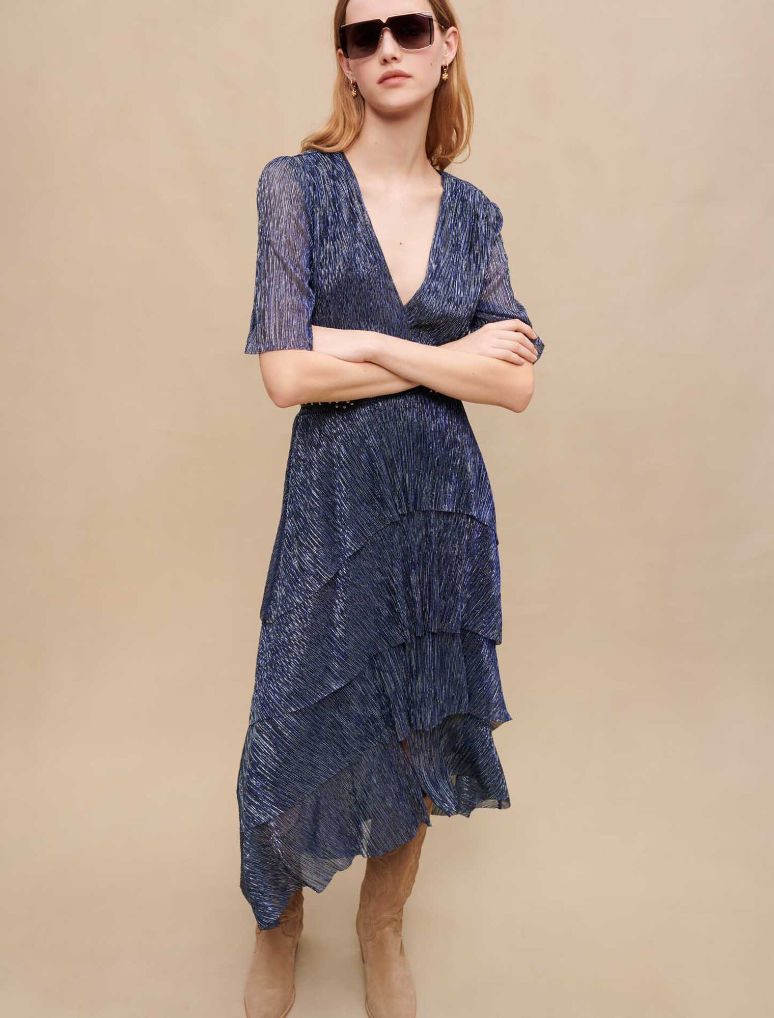 Robe à volants en lurex stretch