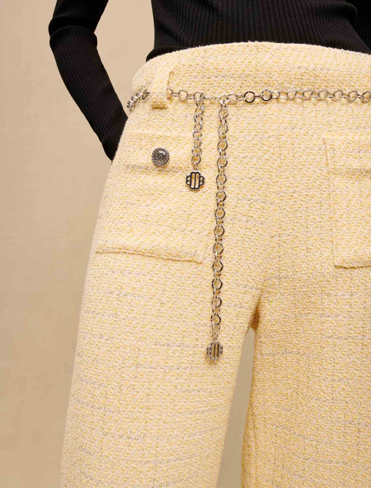 Pantalon ceinturé en tweed jaune