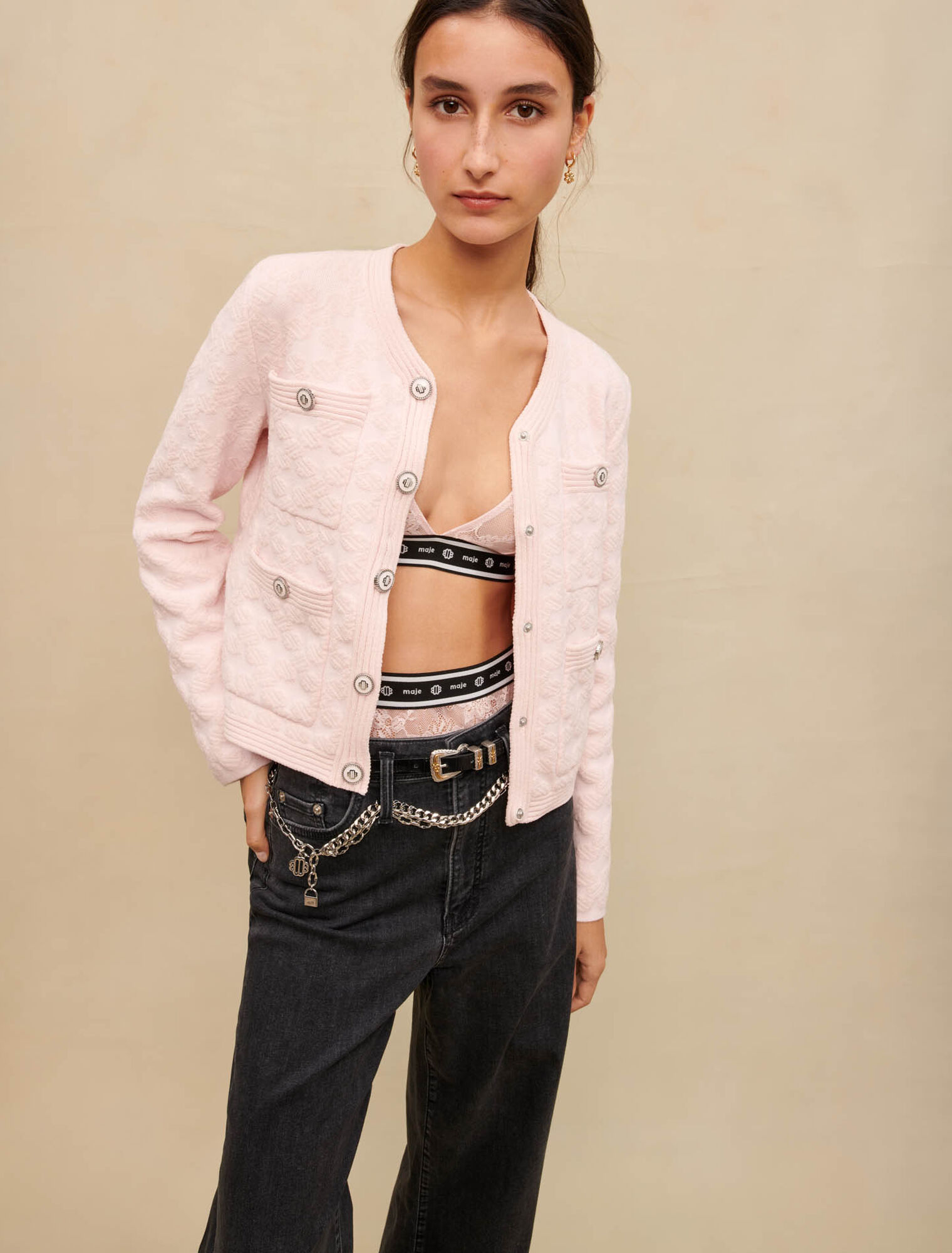 Pink textured knit cardigan