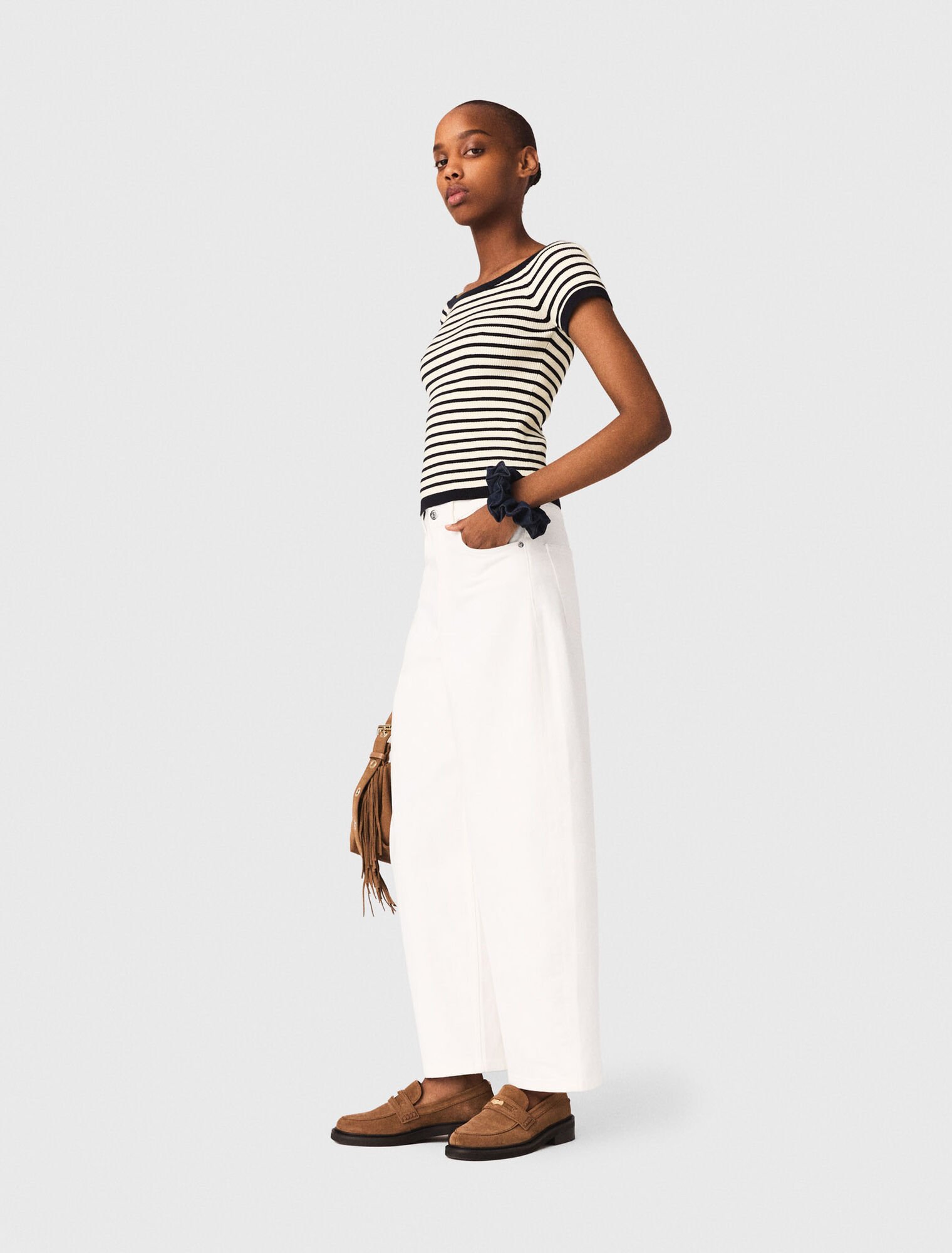 Rib knit short sleeve boat neck top