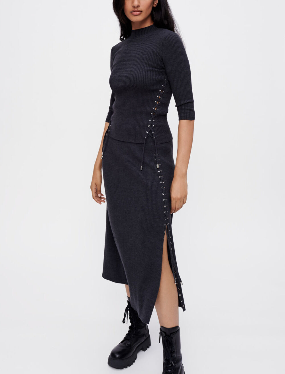 Midi skirt in silver eyelet knit Black Gray For Women Maje