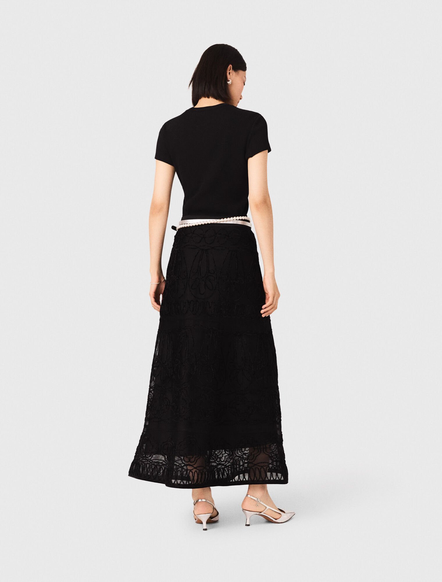 Embroidered basket-weave knit skirt
