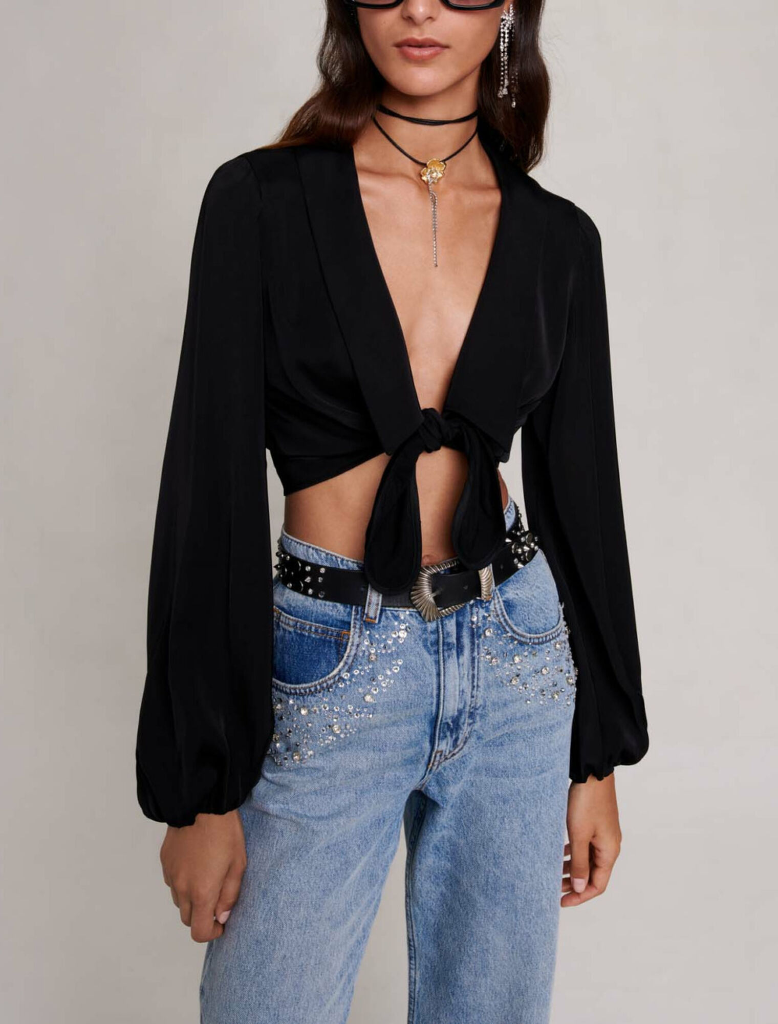 Satin tie-front shirt