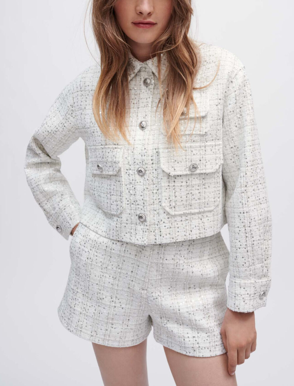 Chemise en tweed ecru a sequins