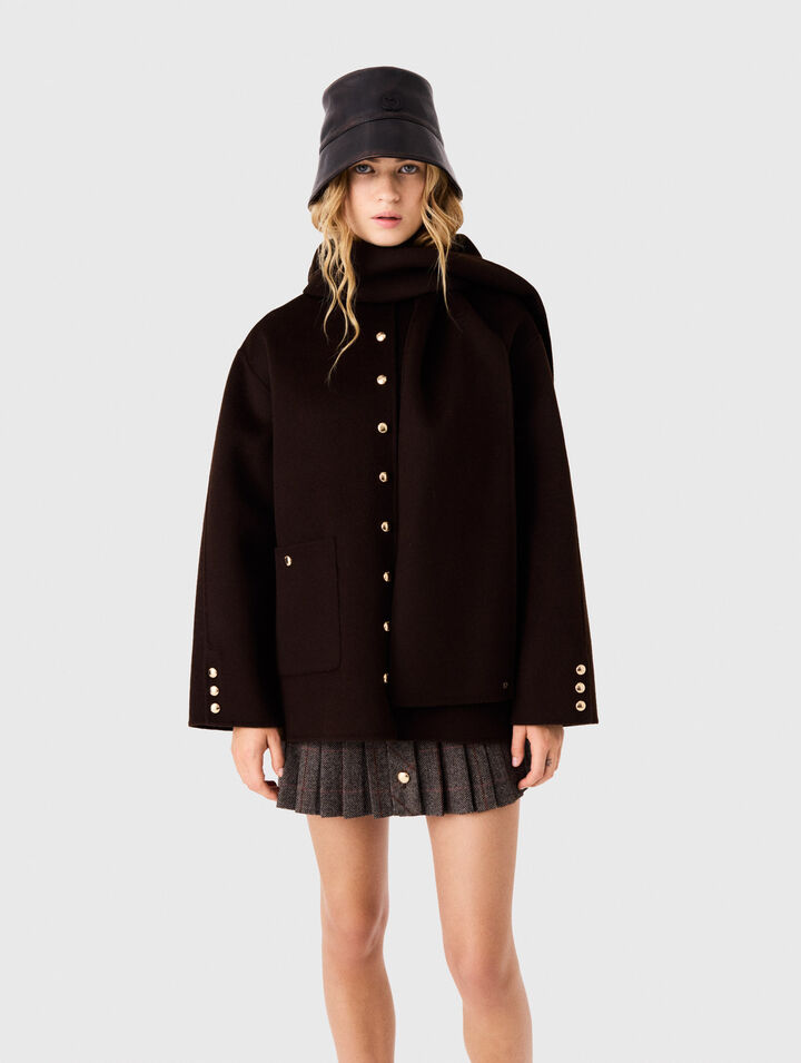 Wool coat with removable scarf