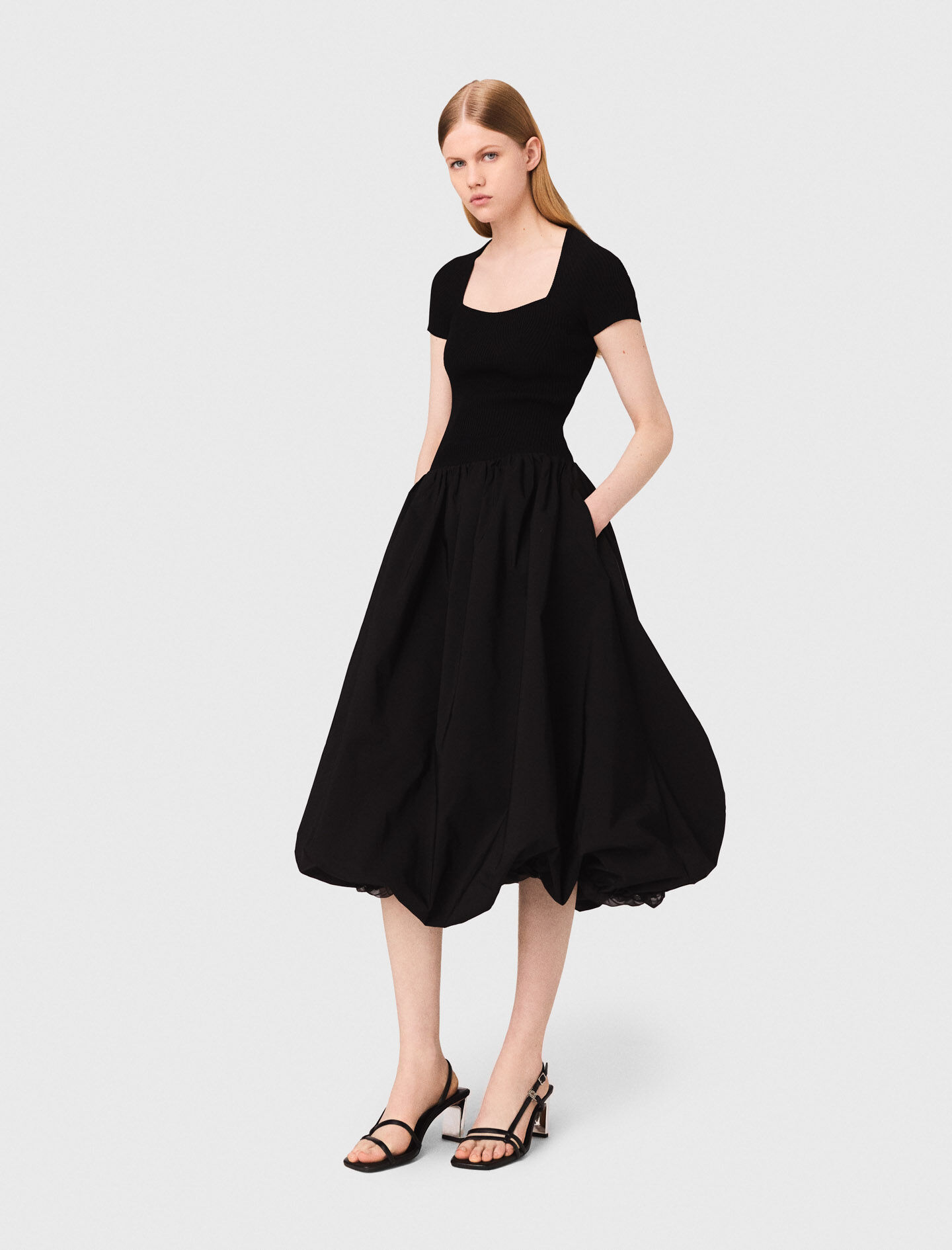 Long ribbed knit and taffeta dress Black / Gray For Women | Maje