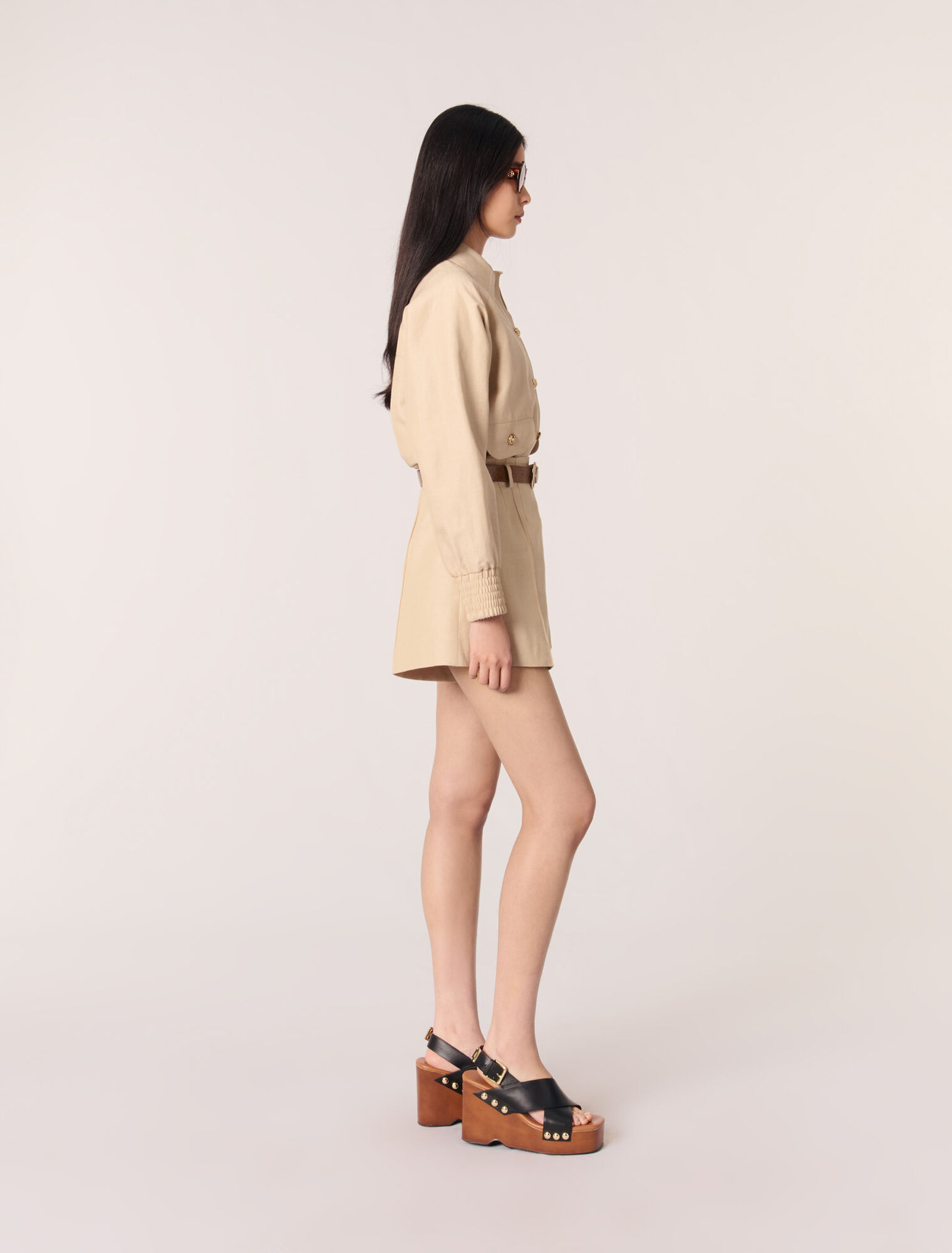 Short à pinces en lin et coton