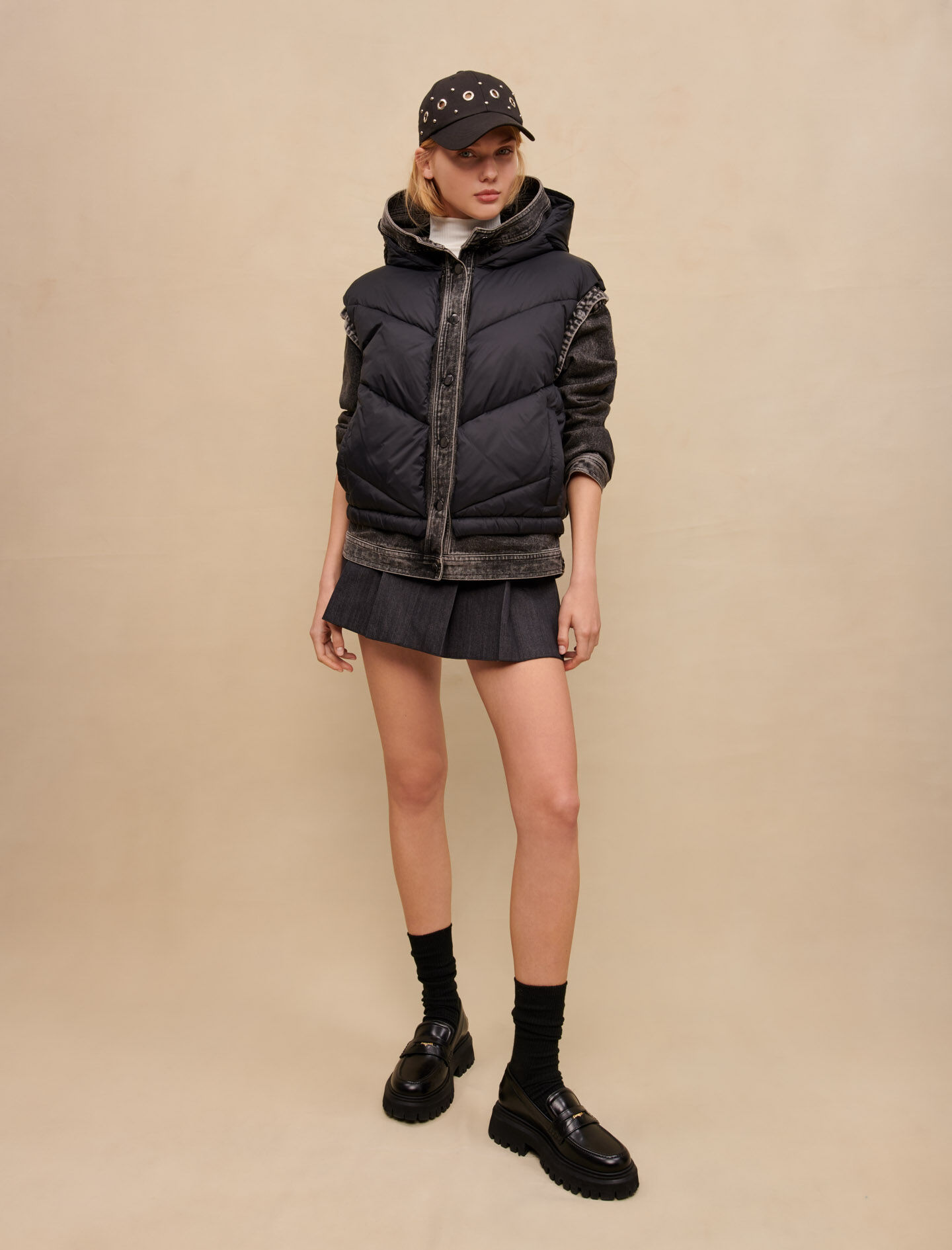 Blouson bi matiere noir gris noir pour femme Maje