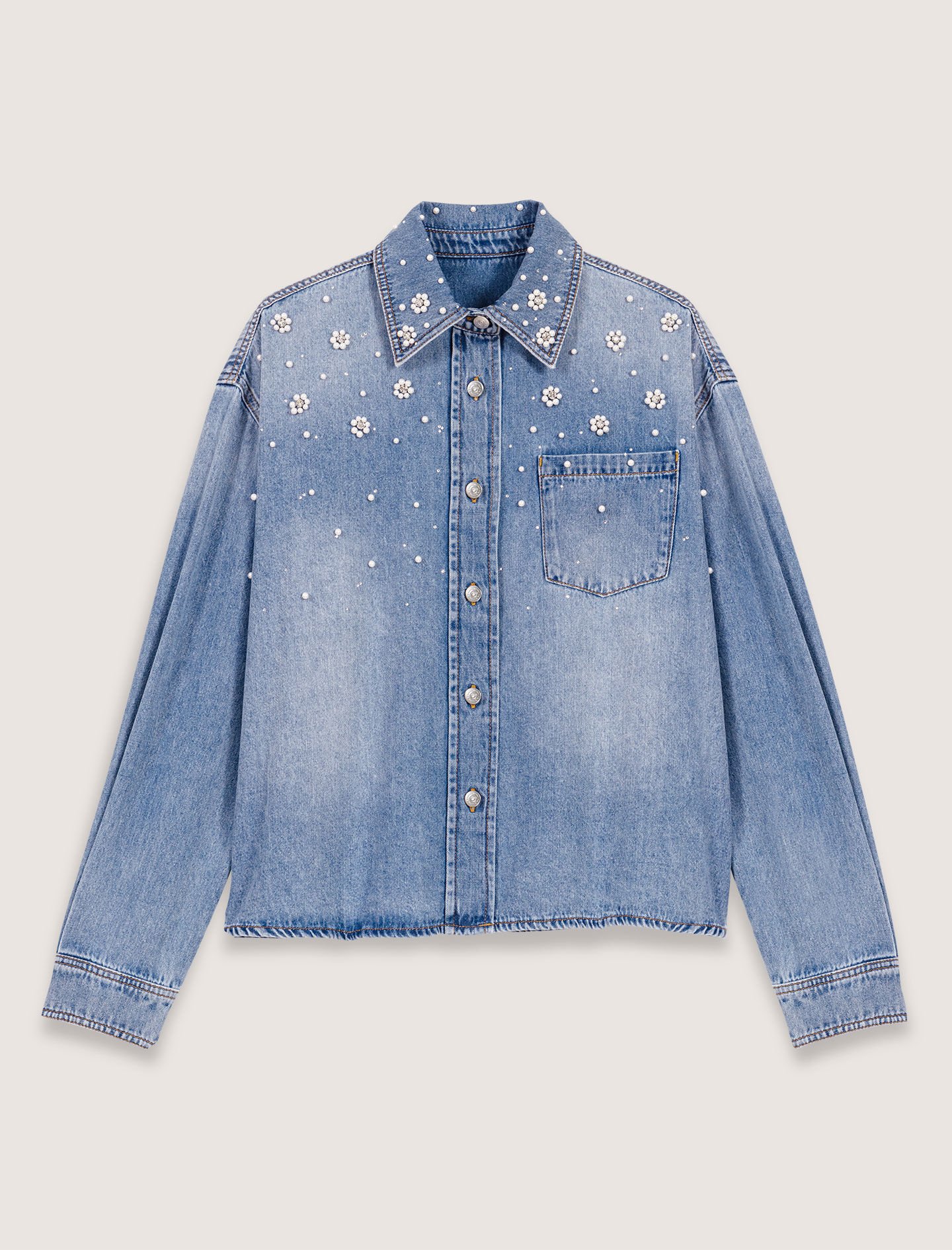 Denim shirt with embroidered beads Blue For Women | Maje