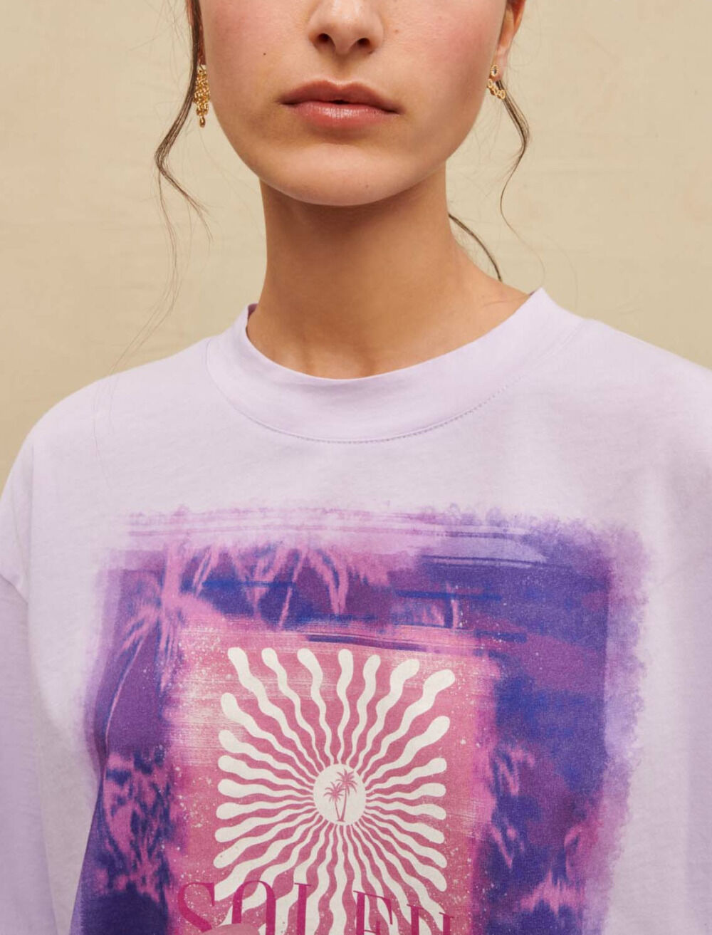 Palm-tree print cropped T-shirt Purple For Women | Maje