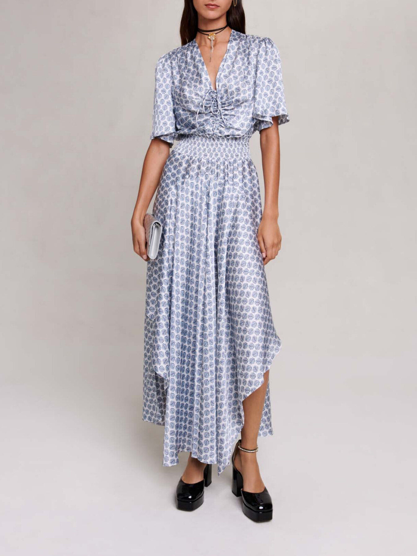 Long asymmetric satin dress Printed For Women | Maje