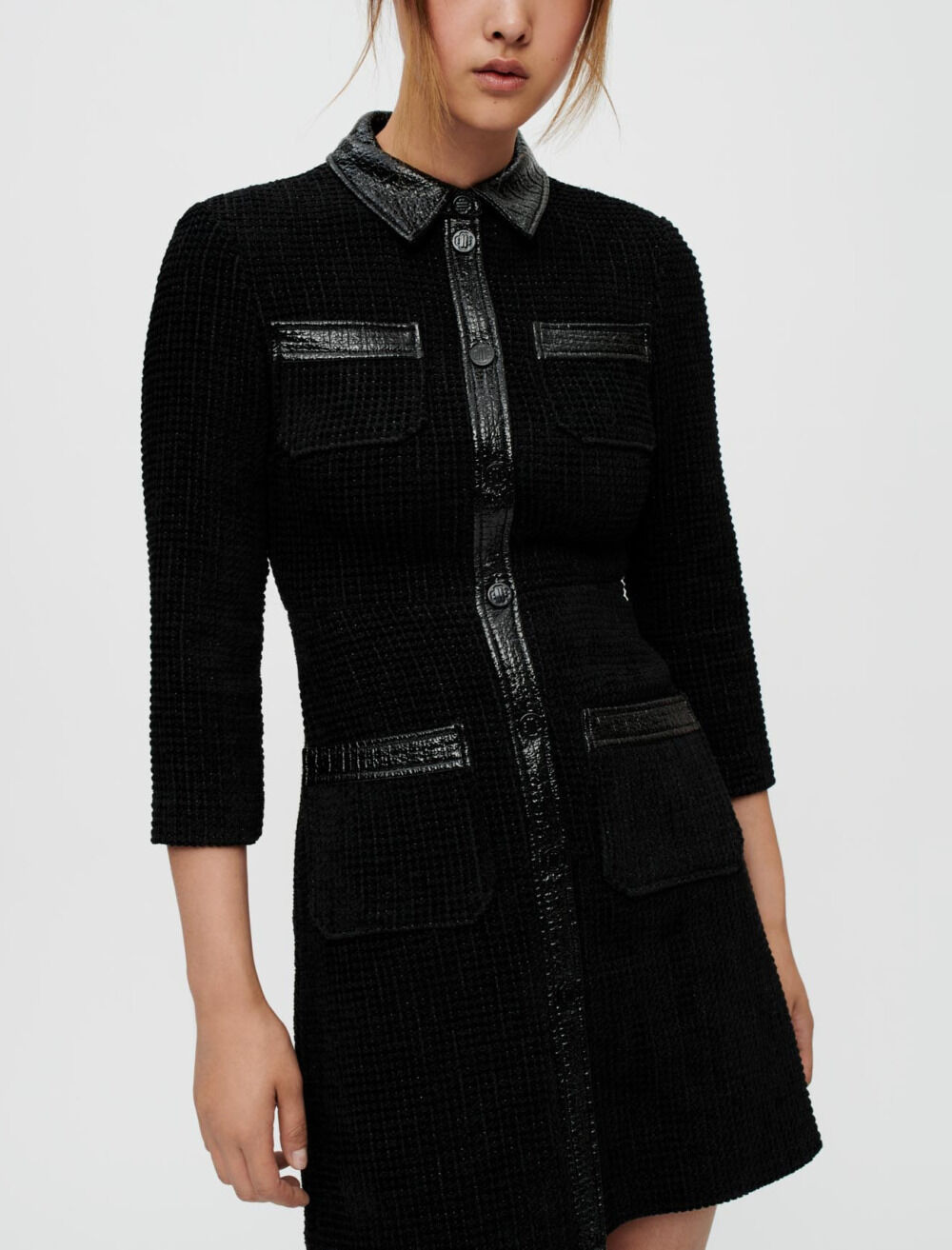 Velvet tweed and vinyl dress Black Gray For Women Maje