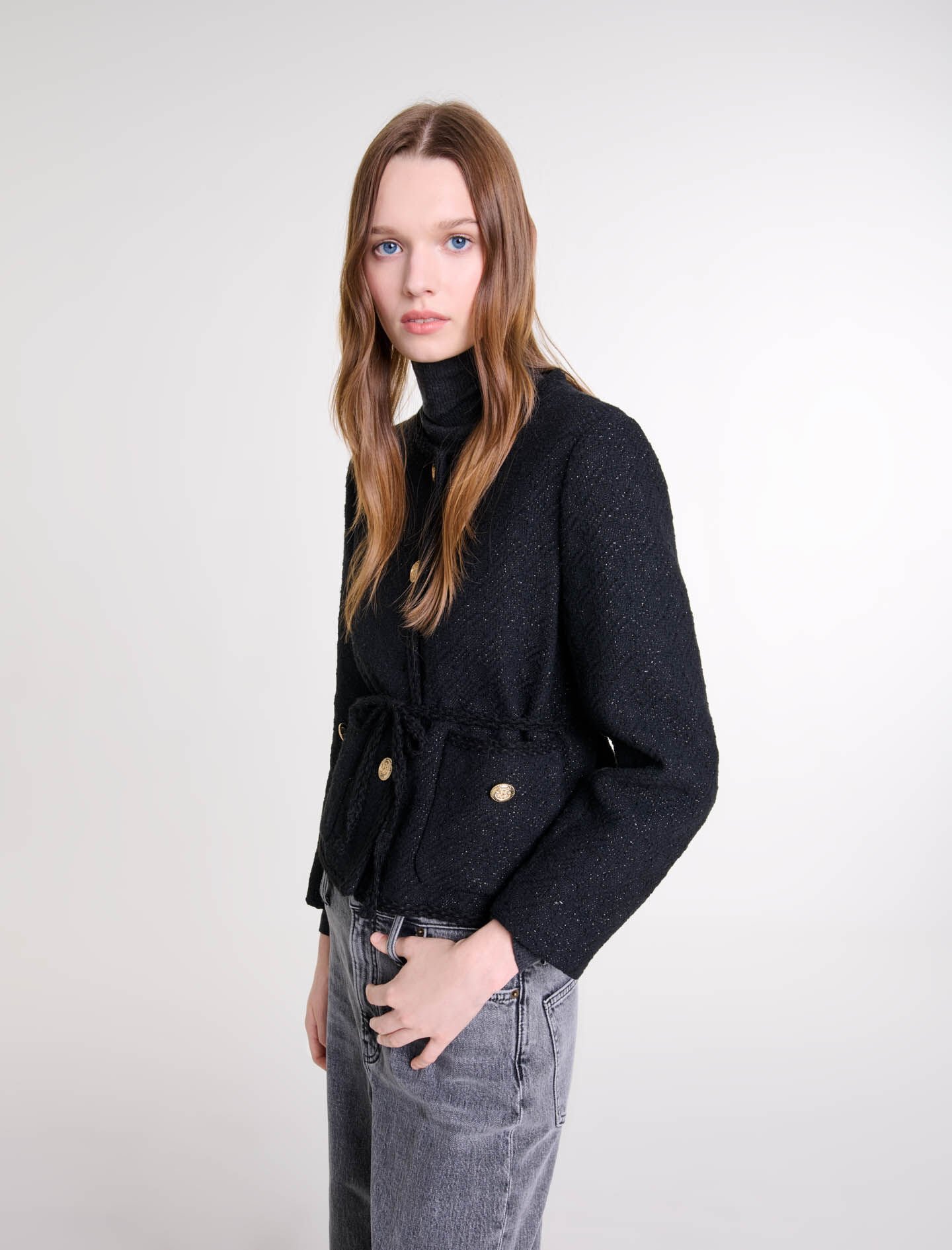 Belted shiny tweed jacket Black / Gray For Women | Maje