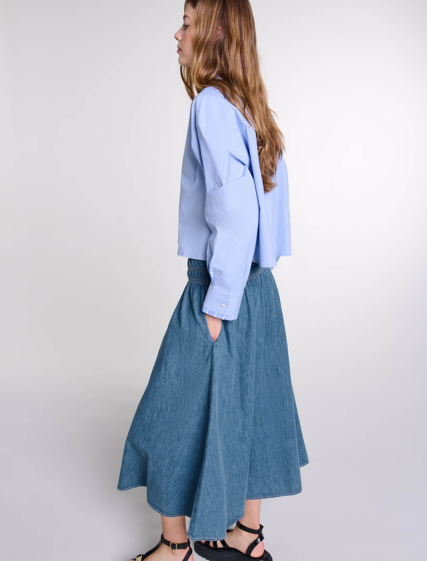 【EEUN】Deva Jean Skirt Long denim skirt Blue For Women | Maje