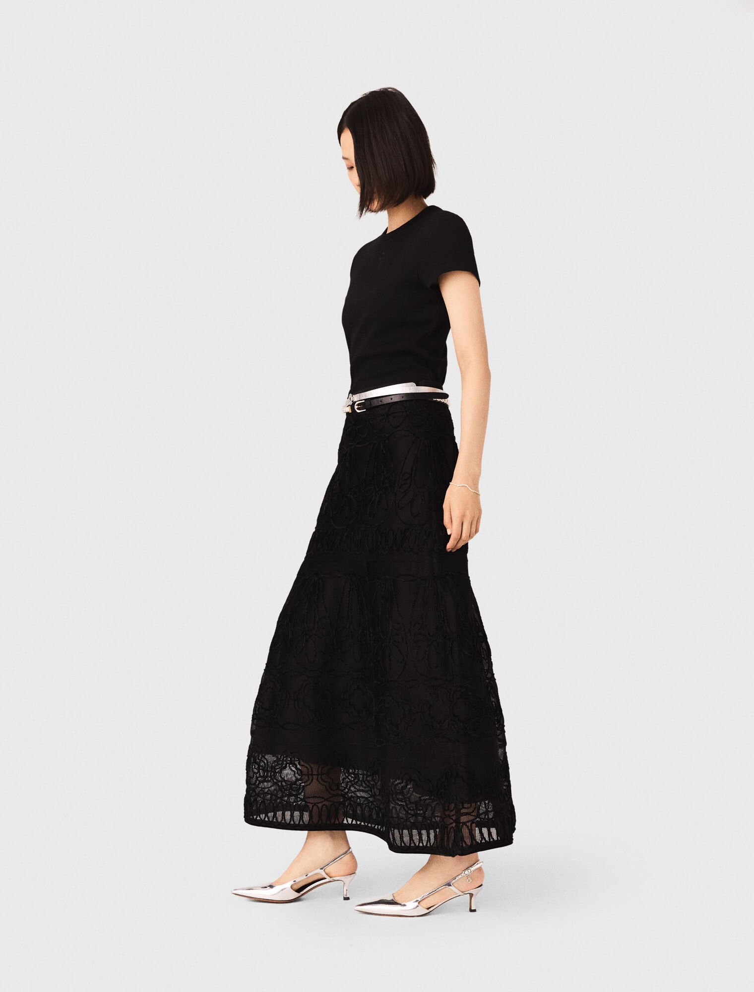 Embroidered basket-weave knit skirt