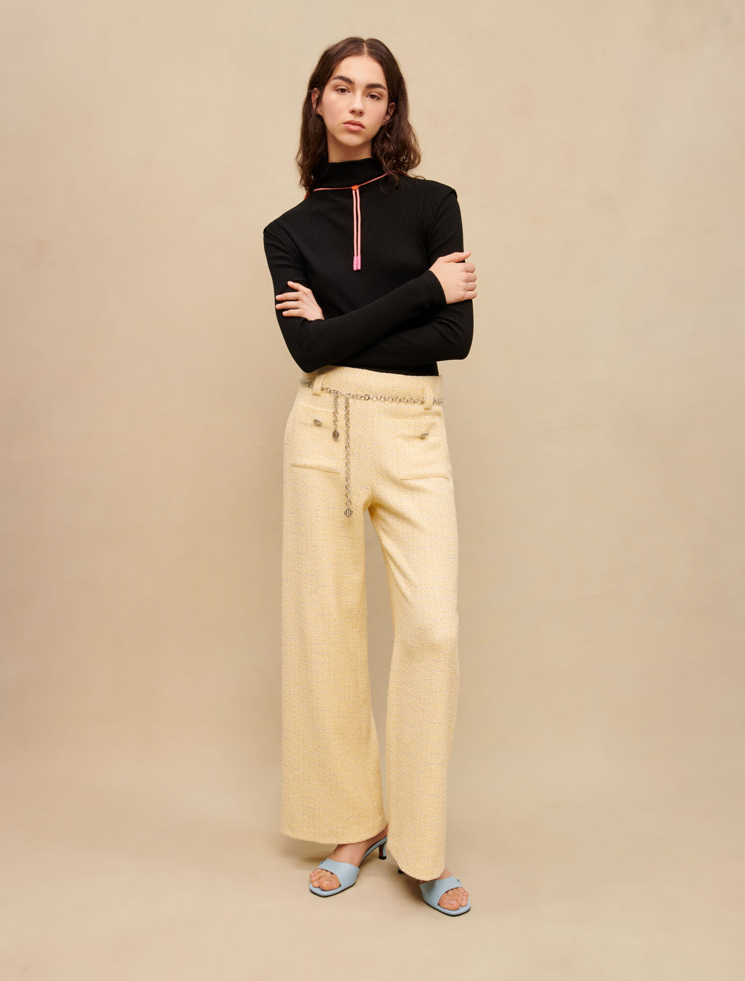 Pantalon ceinturé en tweed jaune
