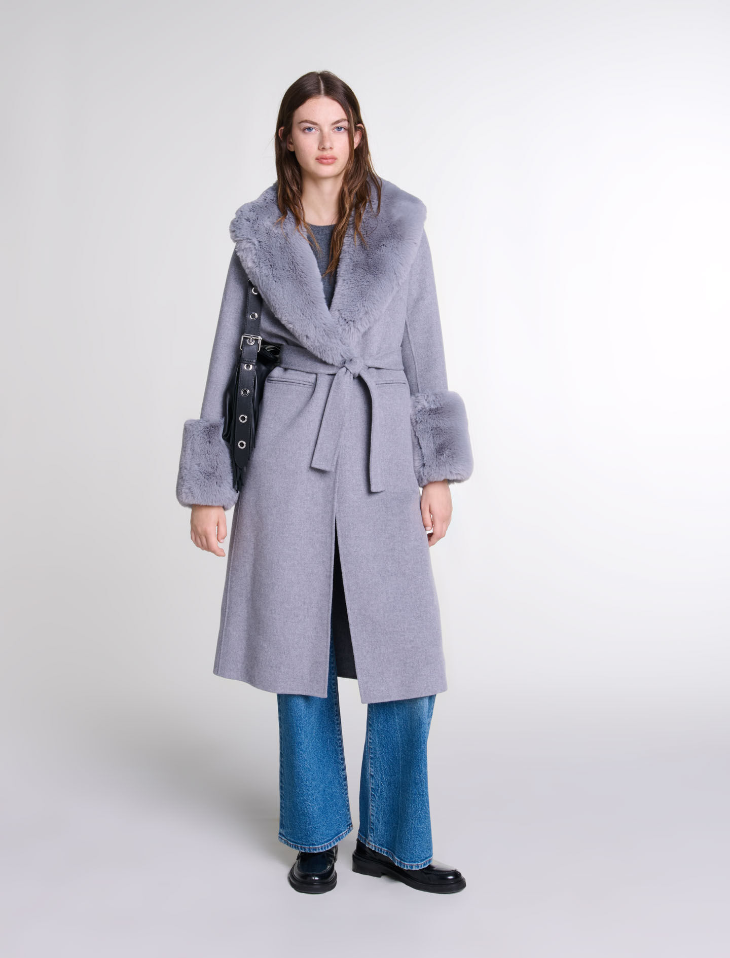 Manteau gris col fourrure outlet