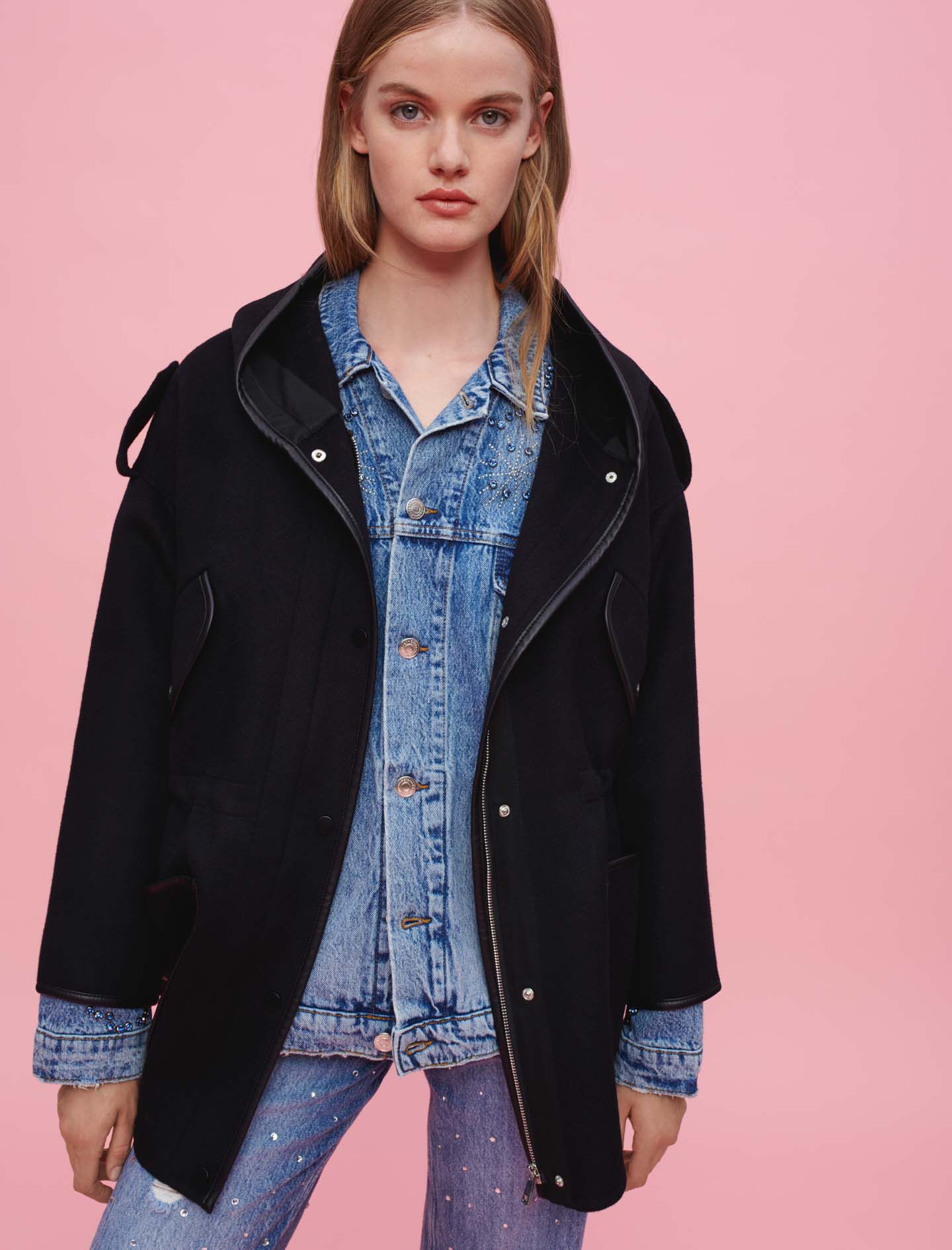 Oversized double face hooded coat Black Gray For Women Maje