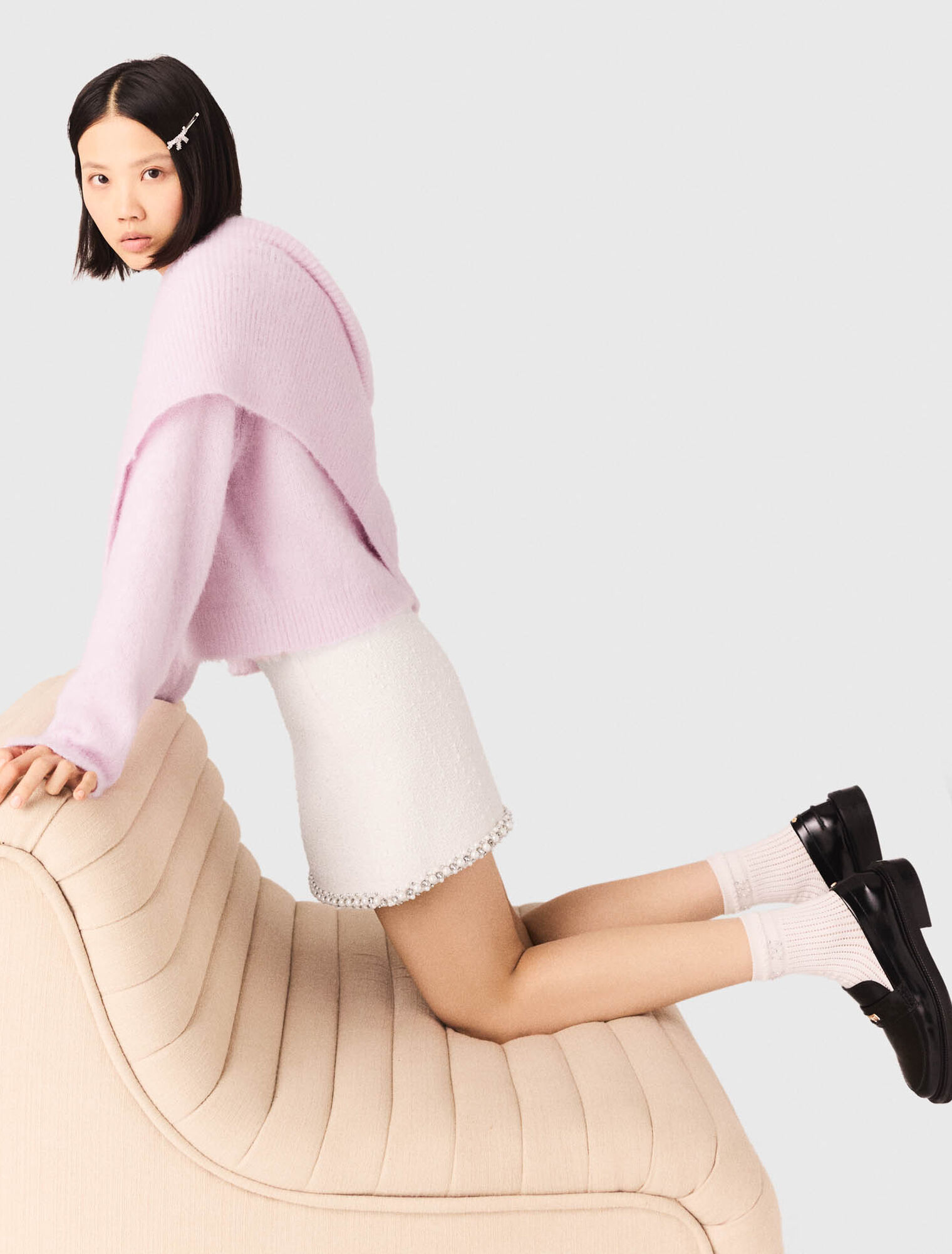 Pearl-trim tweed skirt