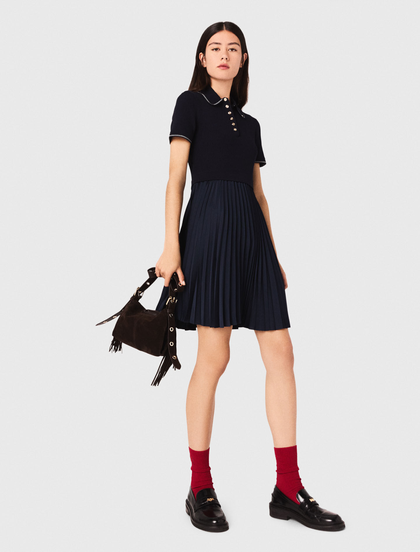 Mini pleated polo collar dress Blue For Women | Maje