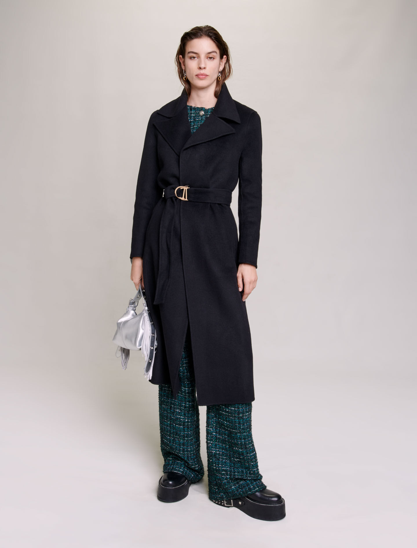 Belted double faced coat Black Gray For Women Maje